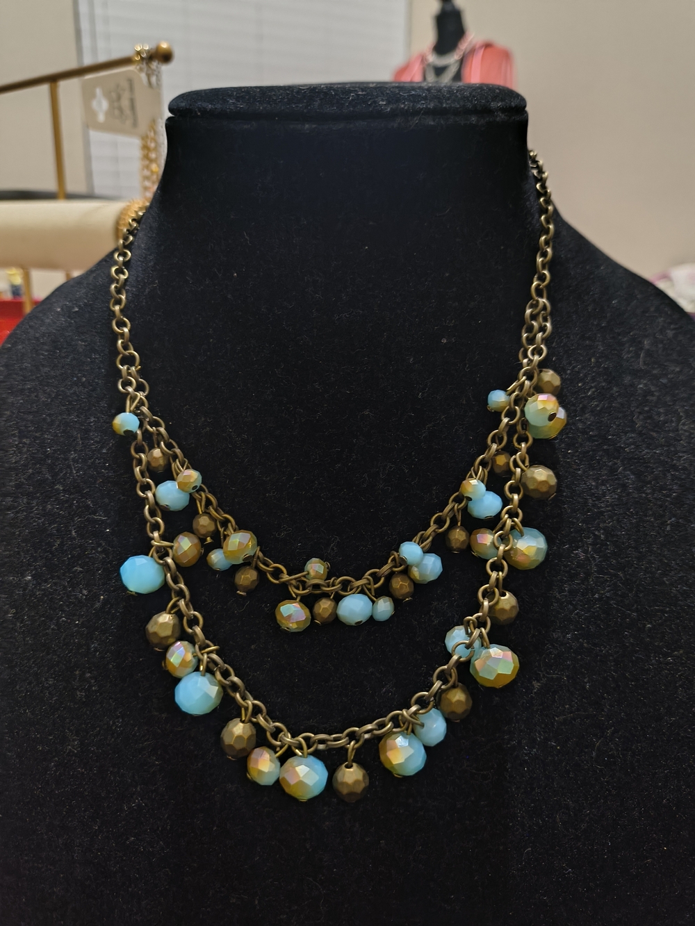 Layered Turquoise and Bronze Beaded Necklace - Women's Jewelry